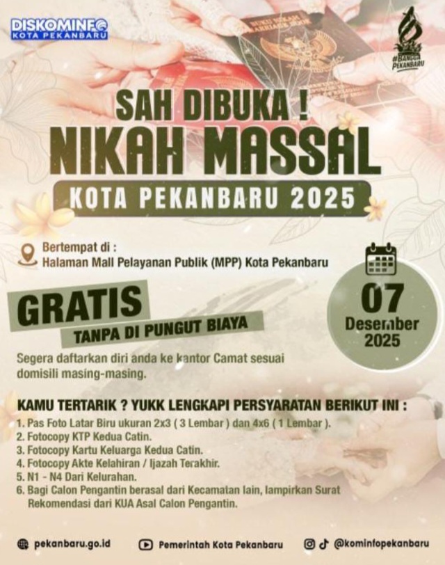 Sudah 43 Calon Pasutri Mendaftar, Pemko Pekanbaru Taja Nikah Massal Gratis